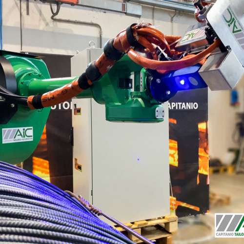 Automatic material handling solutions for the steel industry:  robotic tagging applications, tying machines, safety fences and cranes.